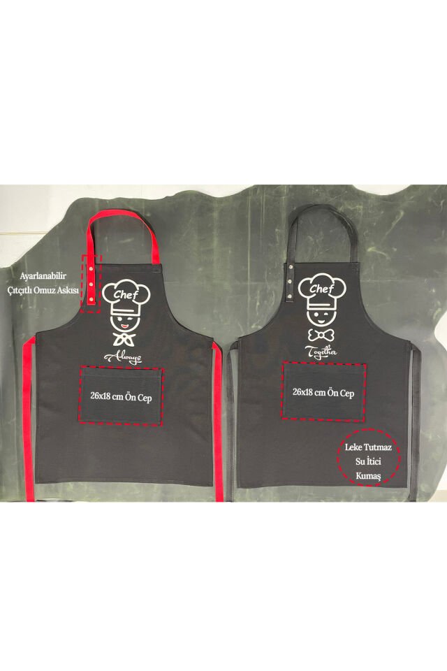 Mutfak Önlüğü Seti 2'li Siyah Leke Tutmaz Su Itici Kumaş Şefler Baskı Çeyiz Hediye