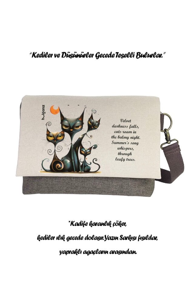 Kanvas Dokuma 26x18cm Omuz Çantası Baskılı Postacı Tipi Çapraz Çanta Su itici 7 Bölmeli Kediler