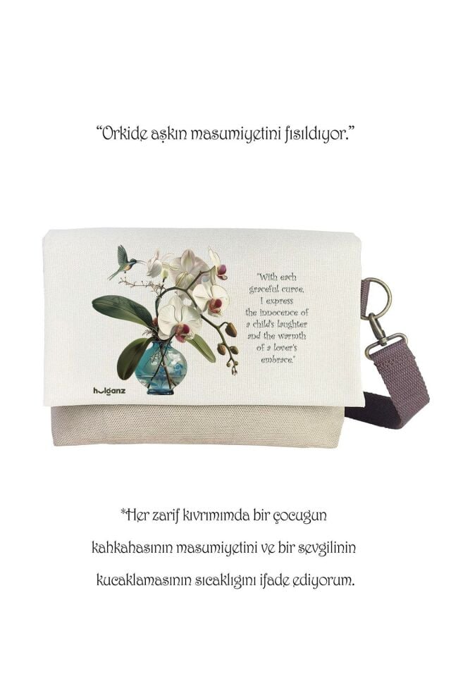 Kanvas Dokuma 26x18cm Omuz Çantası Baskılı Postacı Tipi Çapraz Çanta Su itici 7 Bölmeli Orkide