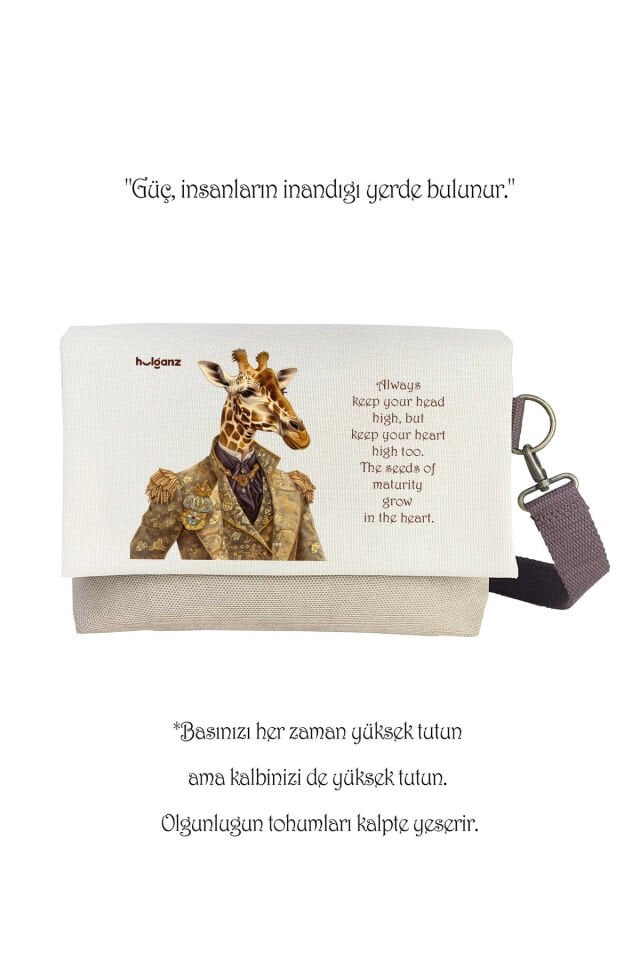 Kanvas Dokuma 26x18cm Omuz Çantası Baskılı Postacı Tipi Çapraz Çanta Su itici 7 Bölmeli Zürafa