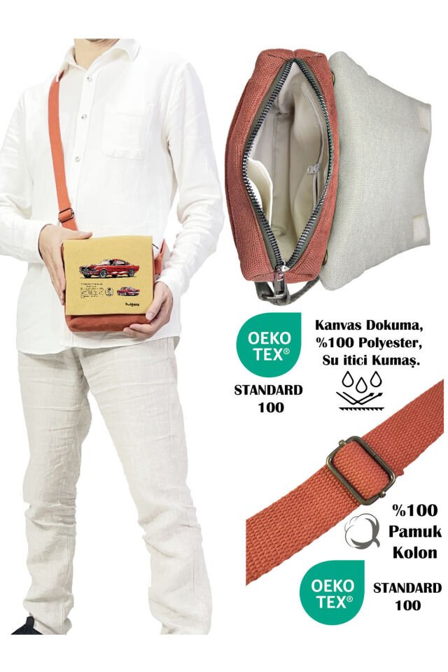 Kanvas Dokuma Postacı Çantası Baskılı Omuz Tipi Çapraz Çanta Su itici 5 Bölmeli 18x18cm Classic Cars