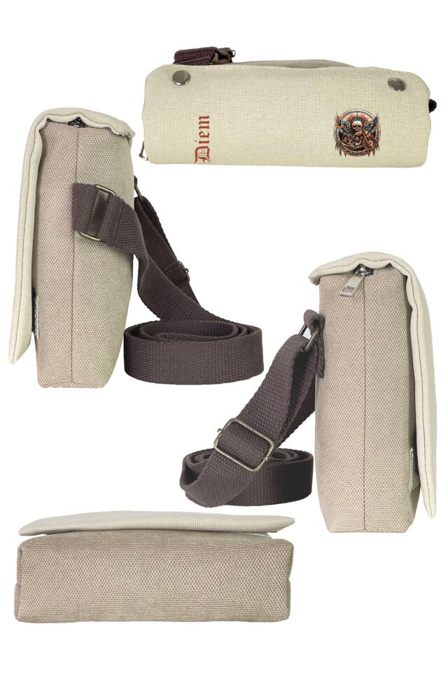 Kanvas Dokuma Postacı Çantası Baskılı Omuz Tipi Çapraz Çanta Su itici 5 Bölmeli 18x18cm Kurukafa