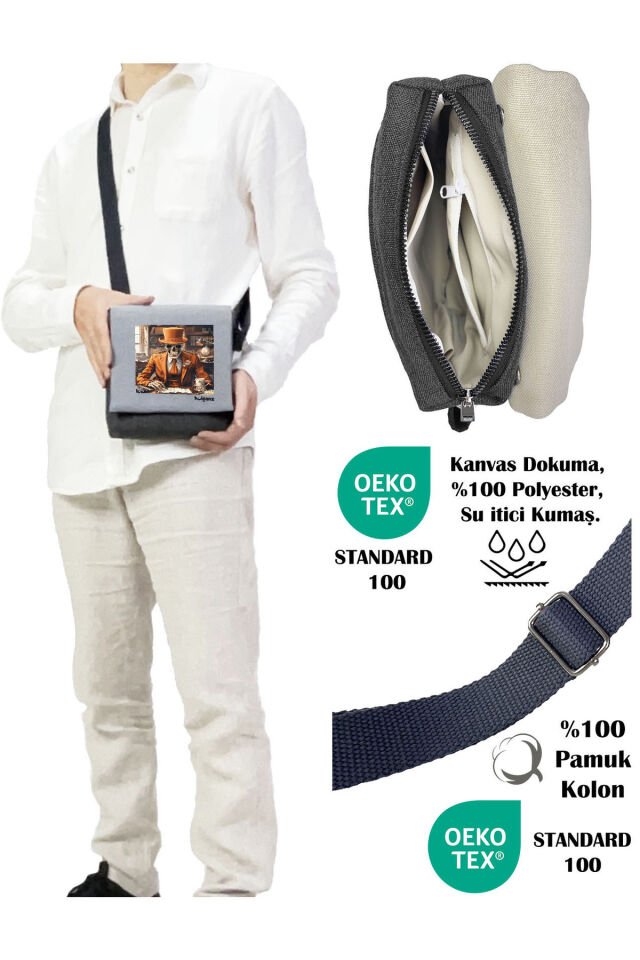 Kanvas Dokuma Postacı Çantası Baskılı Omuz Tipi Çapraz Çanta Su itici 5 Bölmeli 18x18cm Kurukafa