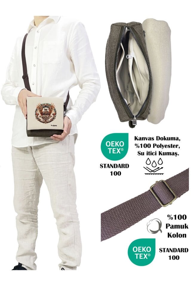 Kanvas Dokuma Postacı Çantası Baskılı Omuz Tipi Çapraz Çanta Su itici 5 Bölmeli 18x18cm Kurukafa