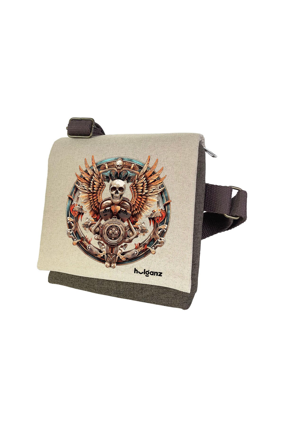 Kanvas Dokuma Postacı Çantası Baskılı Omuz Tipi Çapraz Çanta Su itici 5 Bölmeli 18x18cm Kurukafa