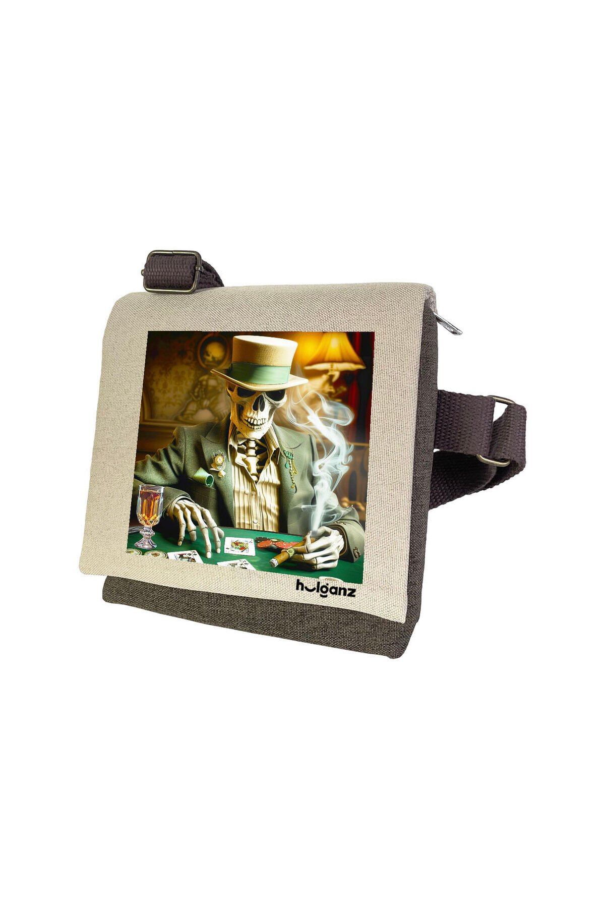 Kanvas Dokuma Postacı Çantası Baskılı Omuz Tipi Çapraz Çanta Su itici 5 Bölmeli 18x18cm Kurukafa