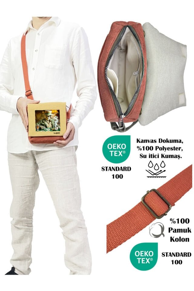 Kanvas Dokuma Postacı Çantası Baskılı Omuz Tipi Çapraz Çanta Su itici 5 Bölmeli 18x18cm Kurukafa