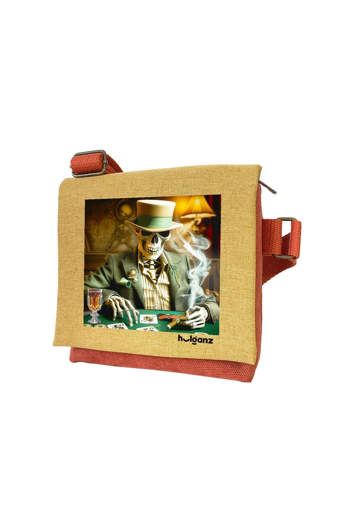 Kanvas Dokuma Postacı Çantası Baskılı Omuz Tipi Çapraz Çanta Su itici 5 Bölmeli 18x18cm Kurukafa