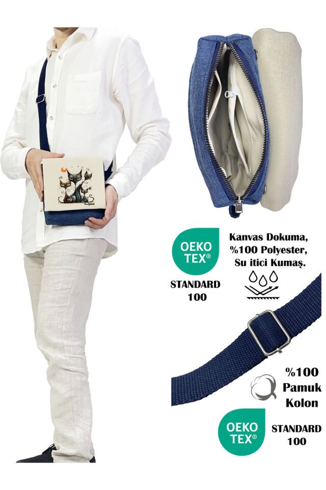 Kanvas Dokuma Postacı Çantası Baskılı Omuz Tipi Çapraz Çanta Su itici 5 Bölmeli 18x18cm Kedi Gece