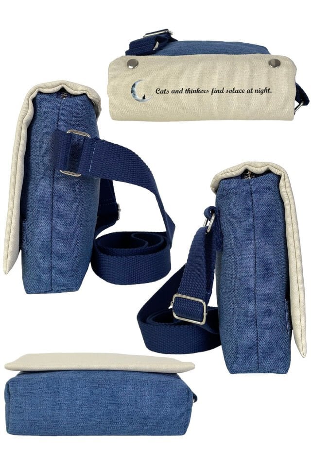 Kanvas Dokuma Postacı Çantası Baskılı Omuz Tipi Çapraz Çanta Su itici 5 Bölmeli 18x18cm Kedi Gece