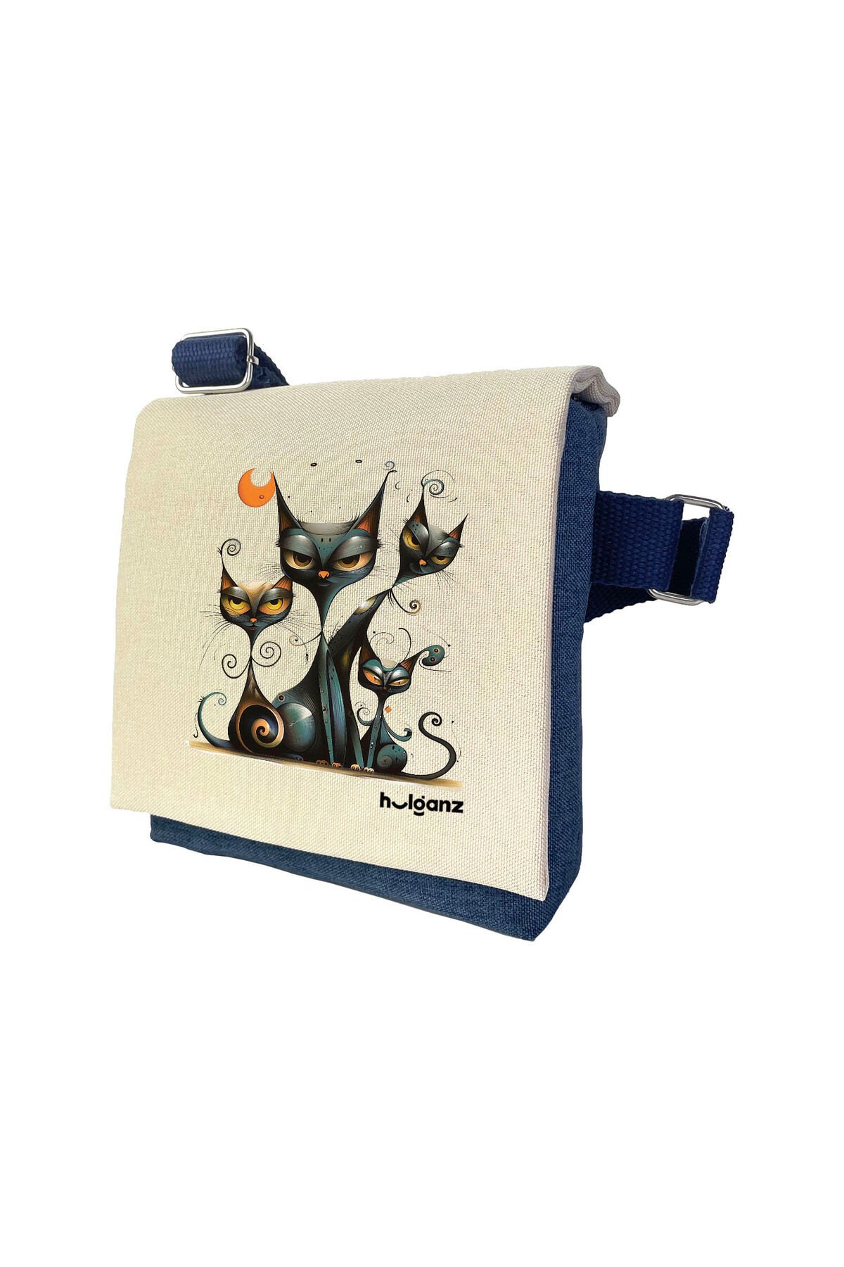 Kanvas Dokuma Postacı Çantası Baskılı Omuz Tipi Çapraz Çanta Su itici 5 Bölmeli 18x18cm Kedi Gece