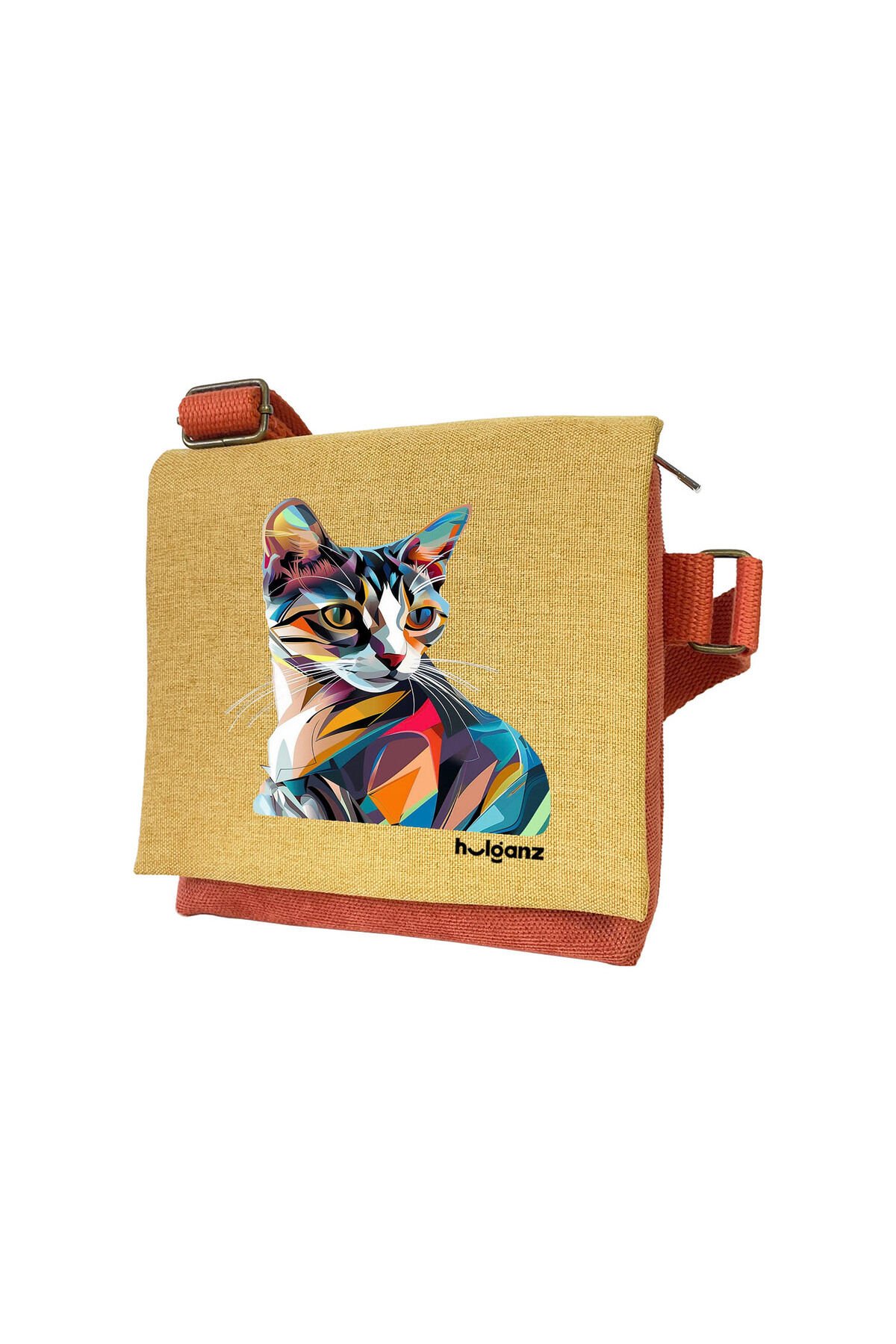 Kanvas Dokuma Postacı Çantası Baskılı Omuz Tipi Çapraz Çanta Su itici 5 Bölmeli 18x18cm Kedi Tablo