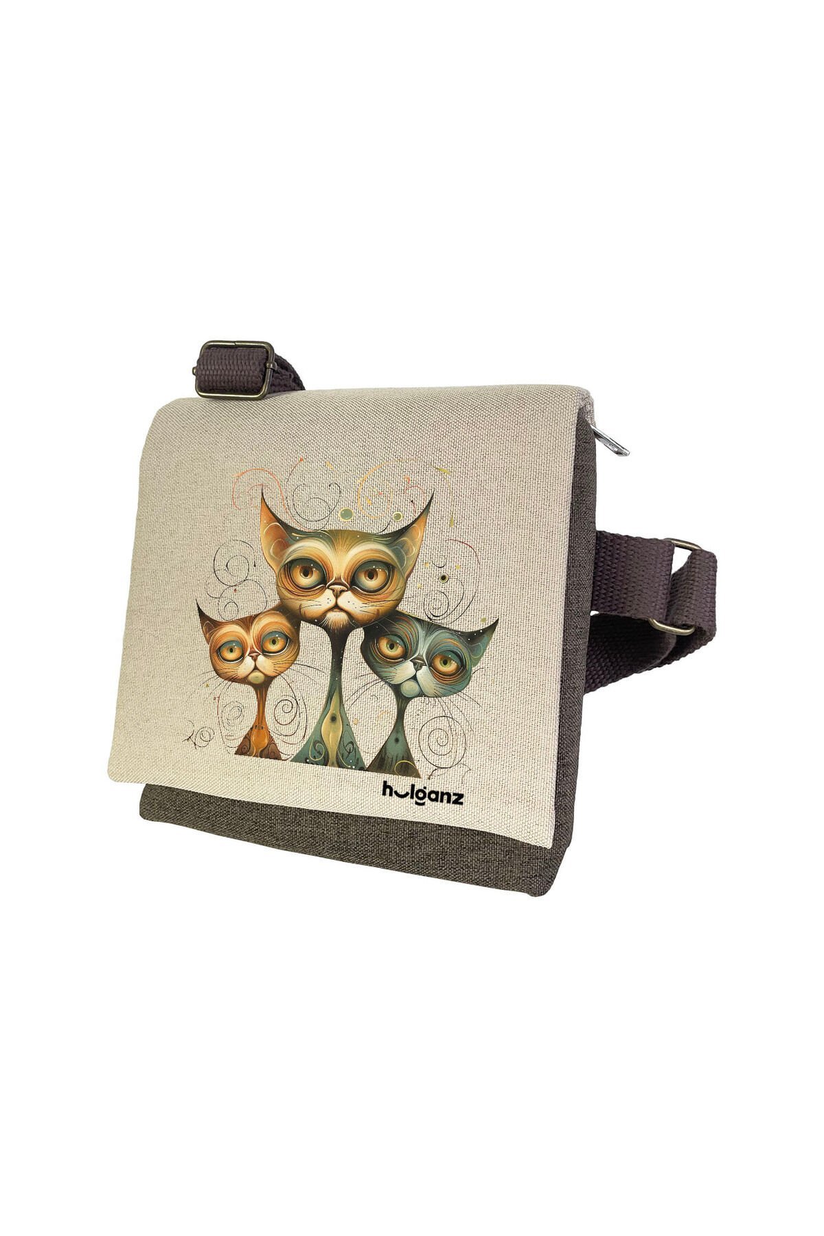 Kanvas Dokuma Postacı Çantası Baskılı Omuz Tipi Çapraz Çanta Su itici 5 Bölmeli 18x18cm Kedi Hyp