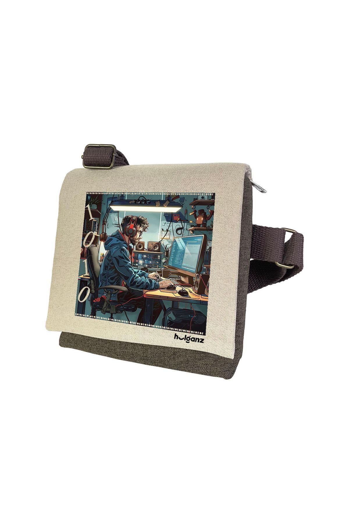 Kanvas Dokuma Postacı Çantası Baskılı Omuz Tipi Çapraz Çanta Su itici 5 Bölmeli 18x18cm Hacker