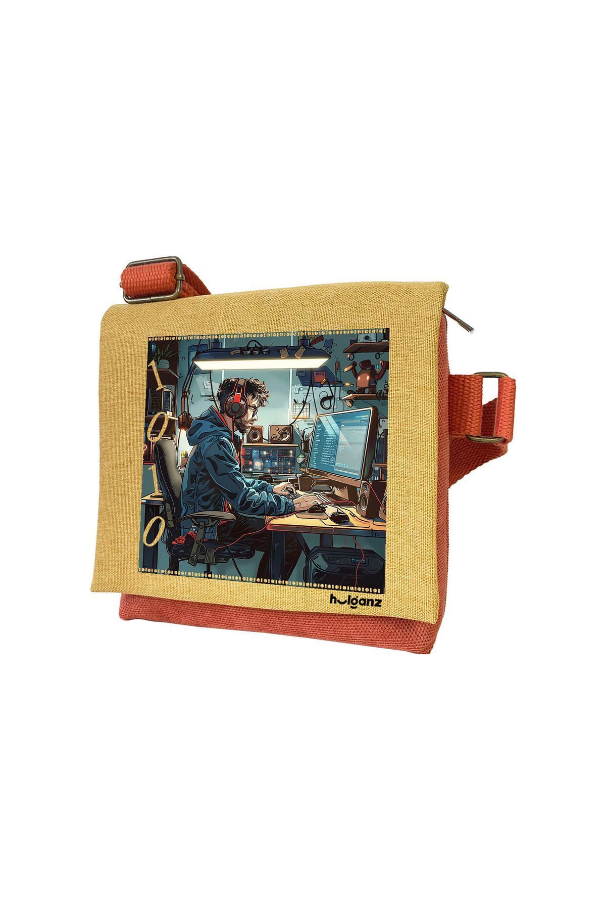 Kanvas Dokuma Postacı Çantası Baskılı Omuz Tipi Çapraz Çanta Su itici 5 Bölmeli 18x18cm Hacker