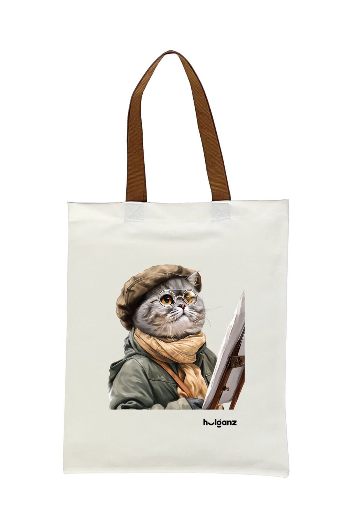 Tote Bag Bez Çanta  Kedi Ressam Kahverengi Saplı Baskılı 33x40cm