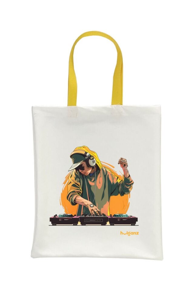 Tote Bag Bez Çanta  DJ Sarı Saplı Baskılı 33x40cm