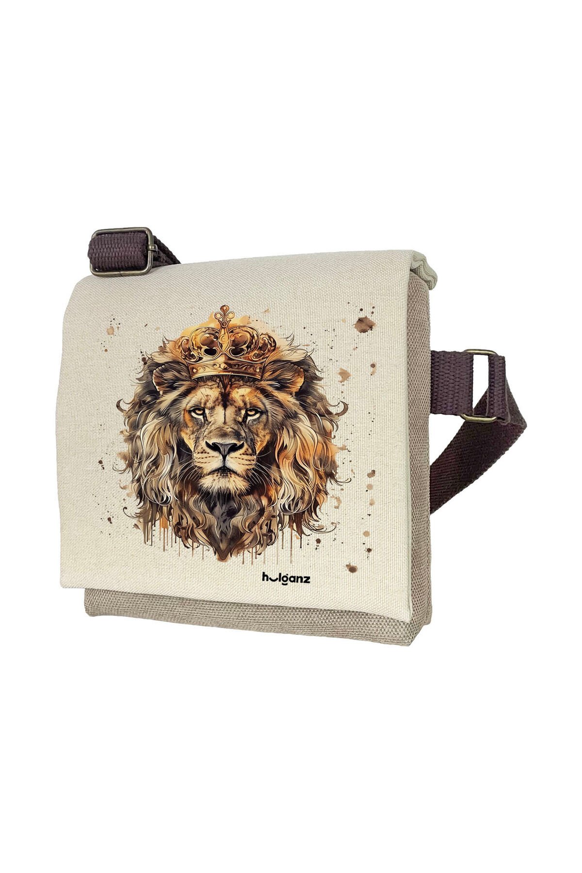 Kanvas Dokuma Postacı Çantası Baskılı Omuz Tipi Çapraz Çanta Su itici 5 Bölmeli 18x18cm Aslan