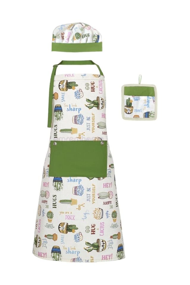 Uzun Mutfak Önlüğü Bone, Ve Tutaç / Leke Tutmaz Ve Su Itici Kaktüs Desen Önlük Seti