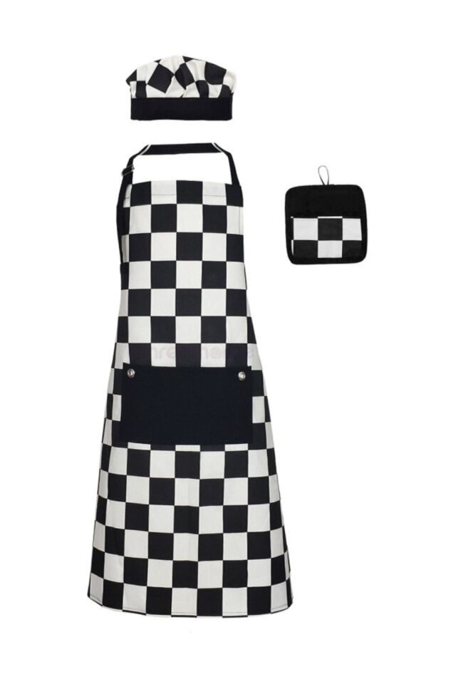 Uzun Mutfak Önlüğü Bone, Ve Tutaç /leke Tutmaz Ve Su Itici Siyah Beyaz Dama Önlük Seti