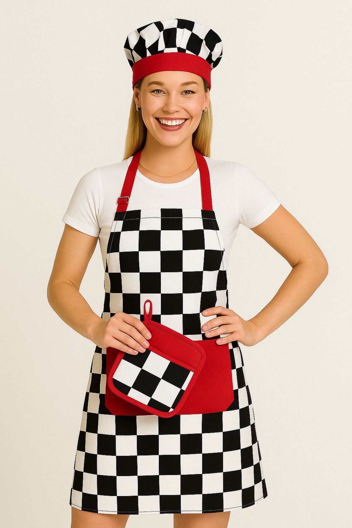 Uzun Mutfak Önlüğü Bone, Ve Tutaç / Leke Tutmaz Ve Su Itici Siyah Beyaz Kırmızı Dama Önlük Seti